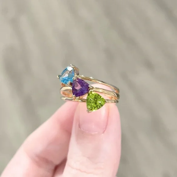 10K Rainbow amethyst Swiss blue topaz peridot trillion harem yellow gold CI ring - Picture 5 of 8